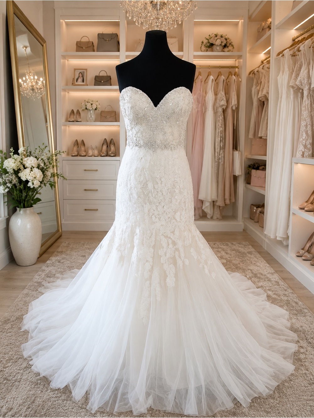 Allure Bridals White Strapless Beaded Lace Mermaid Wedding Dress